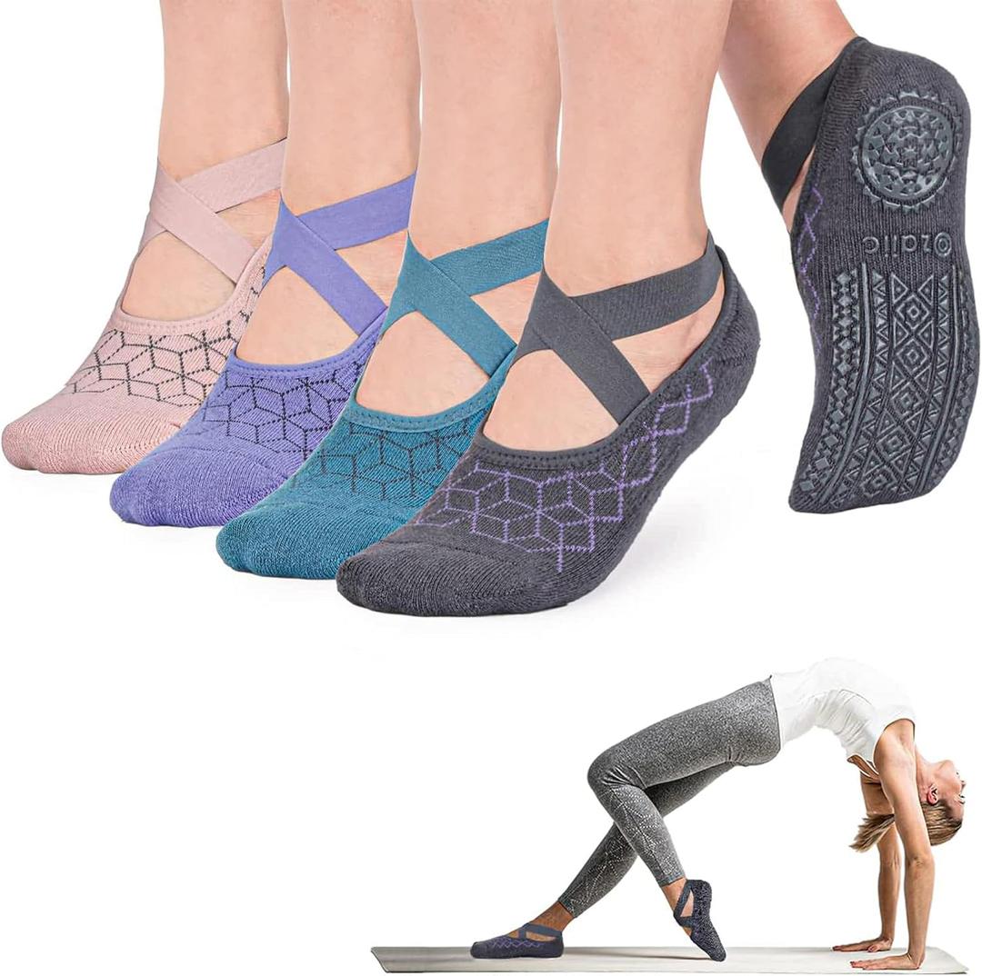 Ozaiic Pilates Socks for Women Non Slip Grip, Yoga Socks with Grippers for Barre, Hospital, Ballet, Dance, Barefoot Workout, 4 Pairs