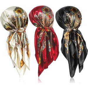 Sintege 3 Pcs 35 Inch Silk Head Scarf Large Square Neck Sleeping Hair Wrapping Satin for Women