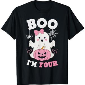 Ghost Boo I'm Four Year 4th Birthday Girls Halloween Groovy T-Shirt S