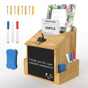 Suggestion Box with Acrylic Sign Holder, Locking Donation Box for Office Feedback,Donation, Ballot & Fundraising, Wooden Comment Box for Office, Events, Countertop or Wall Mount