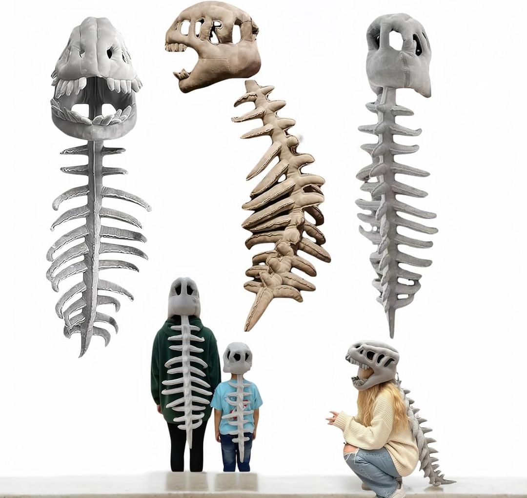 Realistic Dinosaur Skeleton Plush Costume for Kids Adult, Dino Bones Jumpsuit with Hood, Halloween Party Family Outfit Gray-47.2in (L)