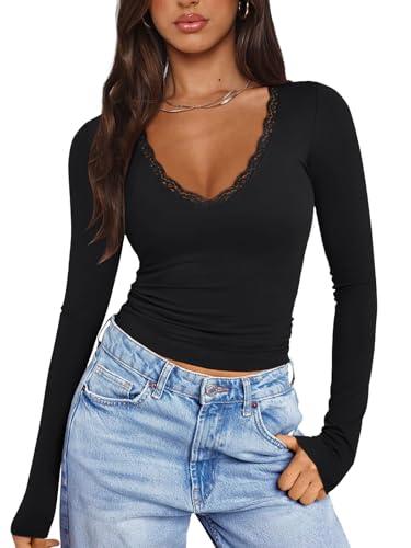 PINKMSTYLE Womens Sexy V-Neck Long Sleeve Tops Slim Fit Double Lined Tee Trendy Club Outfits Lace Tops 2024 Black Medium