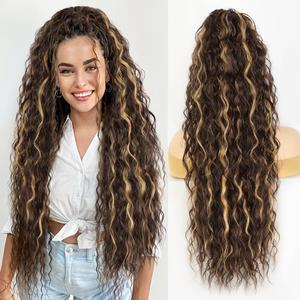 30 Inch Long Chocolate Brown with Caramel Blonde Drawstring Ponytail Extension for Women Synthetic Long Curly Wavy Clip in Ponytail Hair Extensions for Daily Party Use