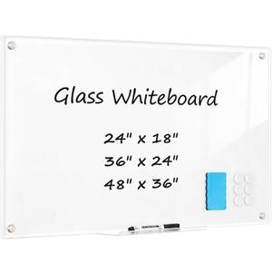 Glass Dry Erase Board, Magnetic Tempered Glass Whiteboard 24" x 18" (2'x1.5'), Ultra White