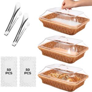 Rattan Bread Baskets, 3 Pack, rectangular Woven Baskets with Acrylic Lids, 13.8 x 9.8 inches, Stainless Steel Tongs, Lace Doilies, for Bread, Fruit, Food Display