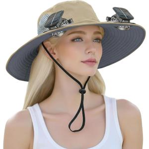 Outdoor Wide Brim Sun Hat with 2 Solar Powered Fan, Bucket Hat for Men Women, Fishing, Gardening & Beach Hat for Men, USB Charging, UPF 50+