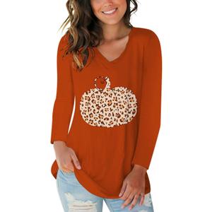 Halloween Long Sleeve T Shirts for Women V Neck Pumpkin Shirt Easy Costume Fun Tops Small Orange