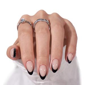 BTArtbox French Tip Press On Nails Almond - Black Press on Nails Short, Glue On Nails for Women Gift, Supremely Fit Natural Reusable Stick On Nails in 16 Sizes - 30 Fake Nails Kit, Black French