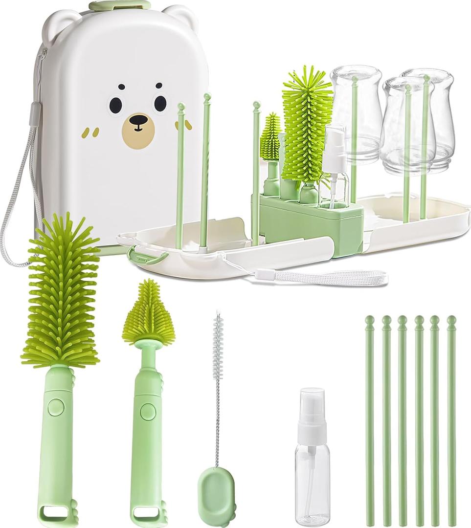 Travel Baby Bottle Cleaner Kit with Storage Case  6-in-1 Compact Bottle Brush Set for Infant Feeding, Breast Pump Parts & On-The-Go Washing  Baby Travel Essentials for Flying (Green)