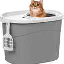 IRIS USA Cat Litter Box, Large Top Entry with Litter Catching Lid and Scoop, Dog Proof, Enclosed Cat Litter Box, Gray/White