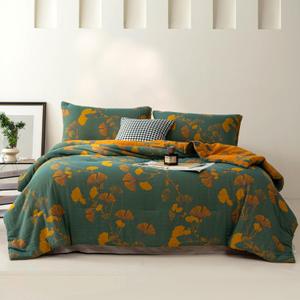 100% Cotton Muslin Jacquard Comforter Set, Floral Ginkgo Leaves Print, Soft Lightweight Reversible 3 Piece Bedding Sets for All Season, Green Yellow, King(104"x90")