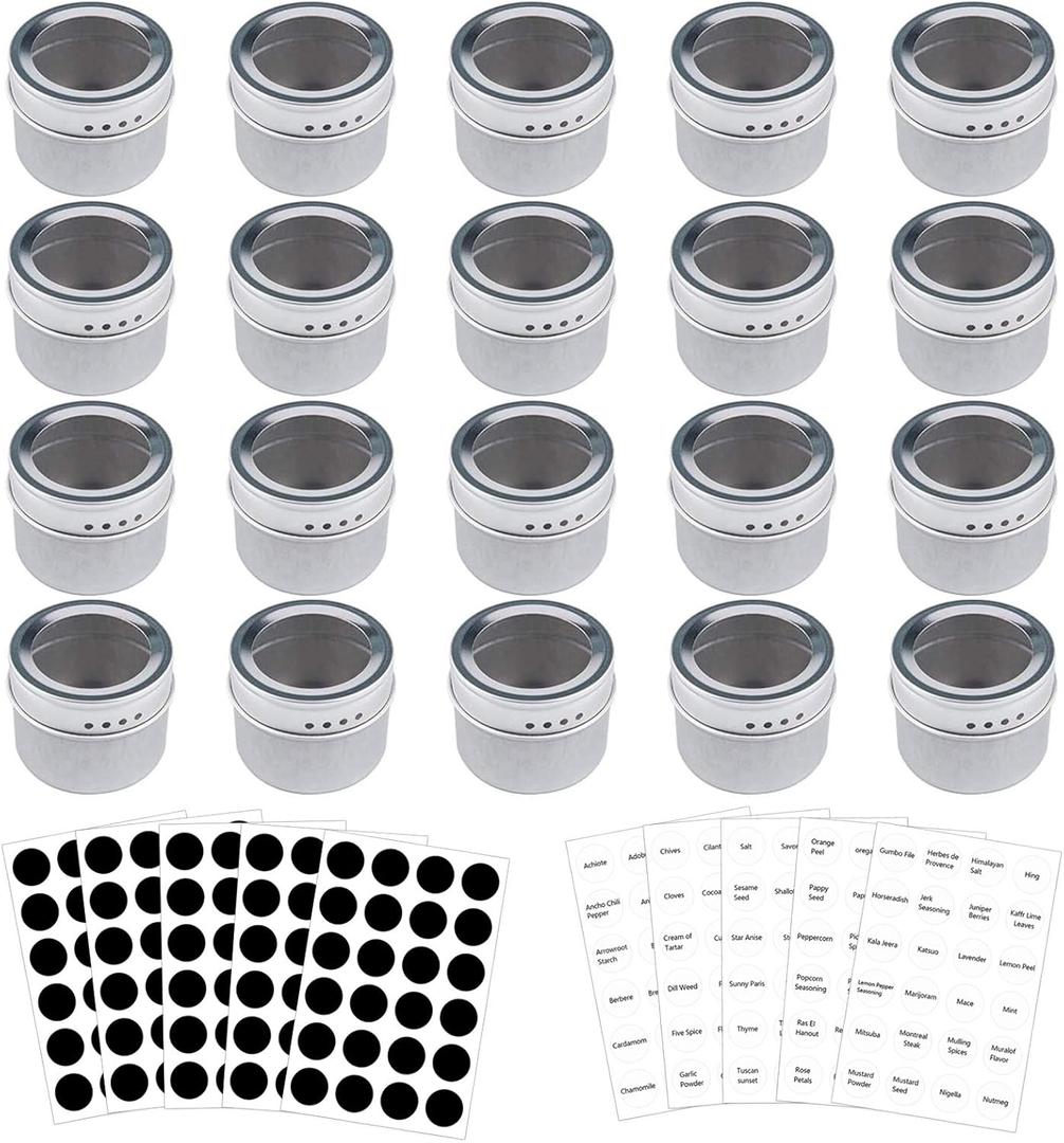 Bekith 20 Pack Magnetic Spice Tins Storage Spice Containers, Clear Top Lid with Sift or Pour, Magnetic on Refrigerator and Grill, 240 PVC Spice Label Set