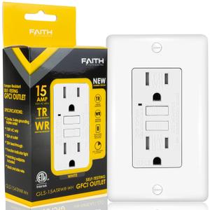 Faith 15A Outdoor GFCI Outlets, ETL Listed, Weather and Tamper-Resistant GFI Duplex Receptacles, Self-Test WR TR Ground Fault Circuit Interrupter with Wall Plate, White