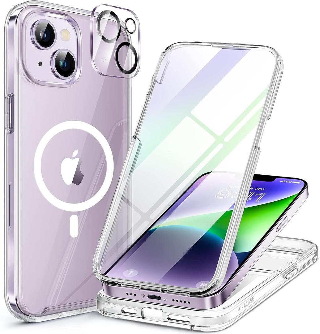 Miracase Glass Series Designed for iPhone 14 Case 6.1 Inch, 2024 Upgrade Full-Body Magnetic Case with Built-in 9H Tempered Glass Screen Protector, with Camera Lens Protector, Magnetic Clear