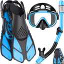 Snorkeling Gear for Adults Men Women,4 in 1 Snorkel Set with Panoramic View Diving Mask Anti-Fog Anti-Leak,Dry Top Snorkel,Fins and Travel Bag for Swimming,Snorkeling and Travel Diving (Small-Medium, LightBlue)