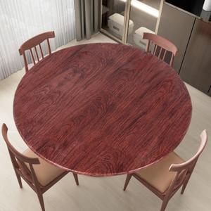 LUSHVIDA Round Waterproof Table Cover Elastic Vinyl Fitted Tablecloth Elastic Edged Plastic Table Cloth (Mahogany, Best for Up to 45"-56" Round)