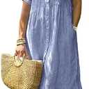 chouyatou Women's Summer Striped Midi Long Shirt Dress Casual Loose Short Sleeve Button Down Dress, L