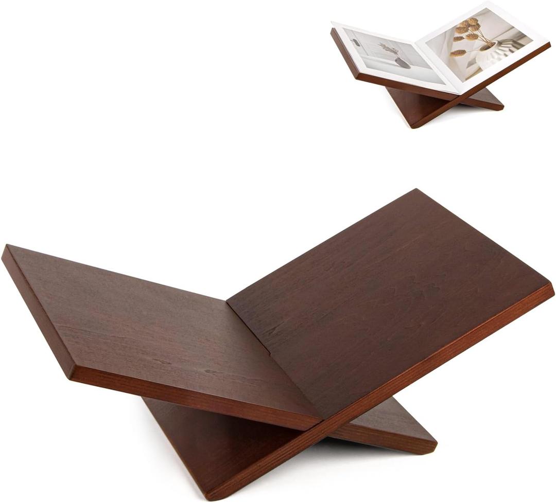 PUERSI Open Display Stand, Wooden Large Book Holder, Coffee Table Stand, Wood Easel for Magazine, Art, Cook Book, Bible, Quran - Brown