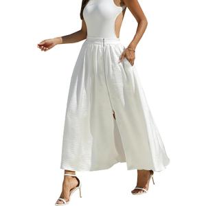 MOLABYZ Zip Wrap Skirt Boho Maxi A-Line Flowy Beach Vacation Resort Casual Cocktail Formal Wedding Guest Slit Front Elastic Waist Long Skirt with Pockets (US, Alpha, Small, Regular, Regular, White)