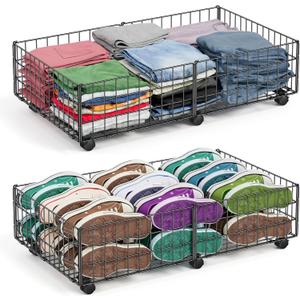 Mr IRONSTONE Under Bed Storage Containers with 6 Wheels | Upgraded Heavy-Duty Metal Frame Holds Up to 80LBS | Space-Saving Rolling Underbed Storage Organizer for Shoes, Clothes & Seasonal Items (2 Pack(25.4"16.7"6.3"))