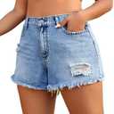 Women's Distressed Denim Shorts, High Waist, Raw Hem, Light Blue Wash, XL