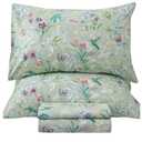 QSH Floral King Size Sheet Sets - Green Flower Bird Butterfly Print Botanical Bedding Egyptian Cotton Printed Sheets King Size Bed Extra Soft and Breathable 17.5" Deep Pockets Bed Sheets 4pcs