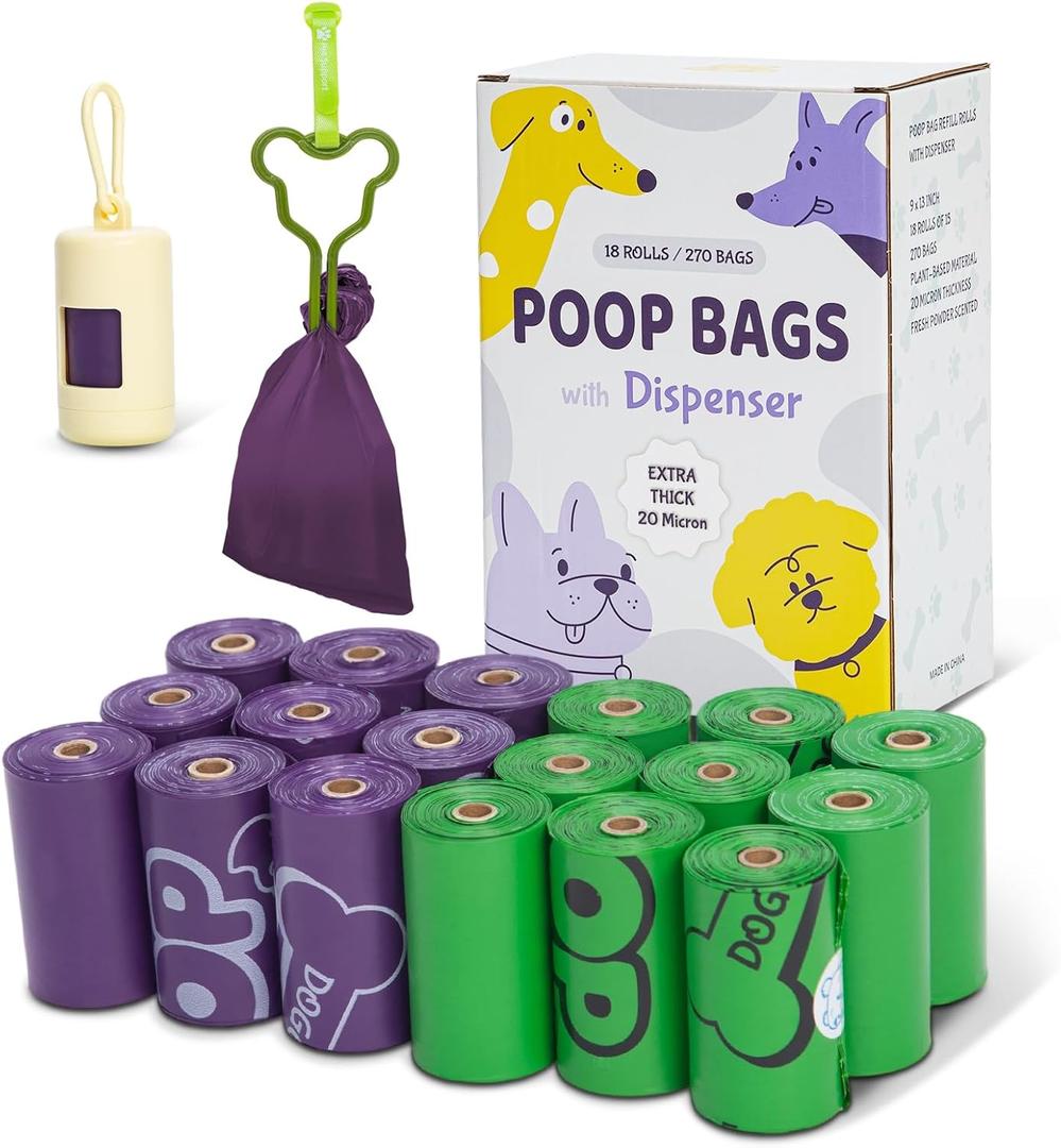 270 Count Scented Dog Poop Bags Rolls, 20 Micron Ultra Thick, Heavy Duty Tear Resistant Leak Proof for Yuck-Free Cleanup, with Dispenser & Leash Clip, 9 x 13 Inch, 3 Styles (Green & Purple) (Puppy Doodles Mix)