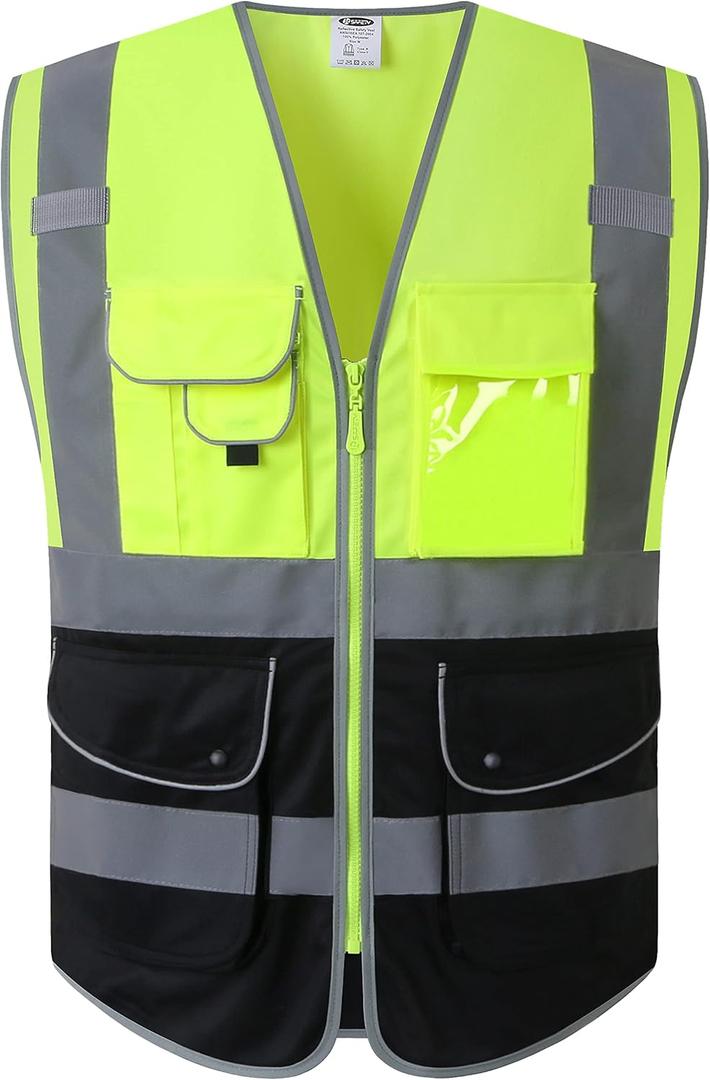 JKSafety 9 Pockets High Visible Reflective Safety Vest Zipper Front Breathable Lining, Yellow-Black Meets ANSI/ISEA Standards(150-Yellow-Black XL