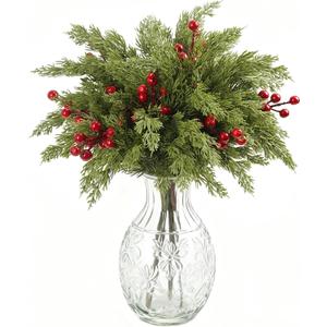 Artificial Pine Branches 17.7" Faux Cedar Pine Stem Fake Greenery Pines Picks with Red Berries Suitable for DIY Christmas-Themed Decorations and Styles