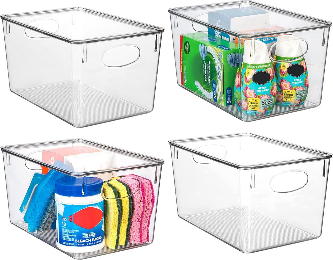 CLEARSPACE Plastic Storage Bins With lids Perfect Kitchen Fridge Organizer, Pantry Organization, Cabinet Organizers (4 Pack)