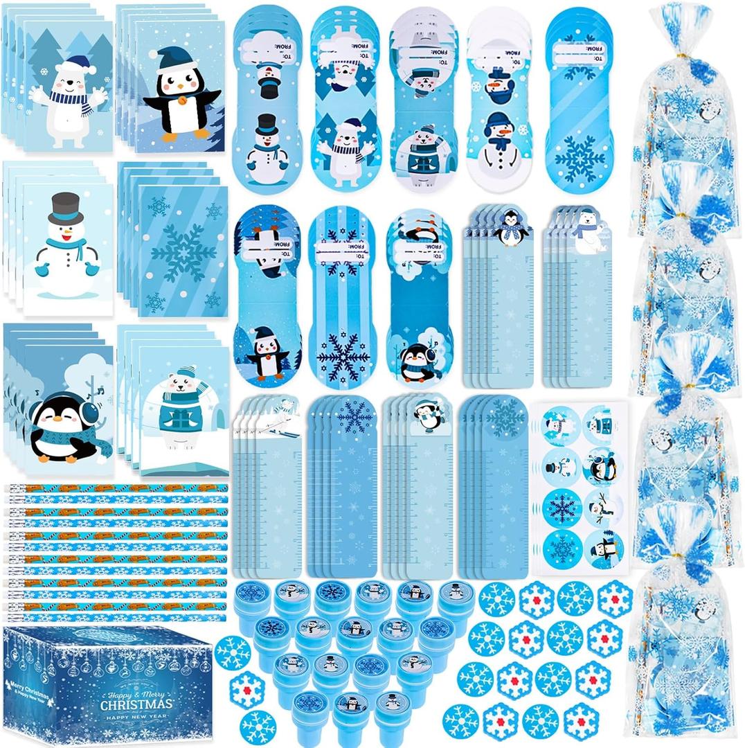 TOAPER 192PCS Winter Stationery Party Favors Bulk Winter Themed Stationery Treat Bags Birthday Supplies for Stocking Goodie Bags Stuffer Exchange School Games Prizes