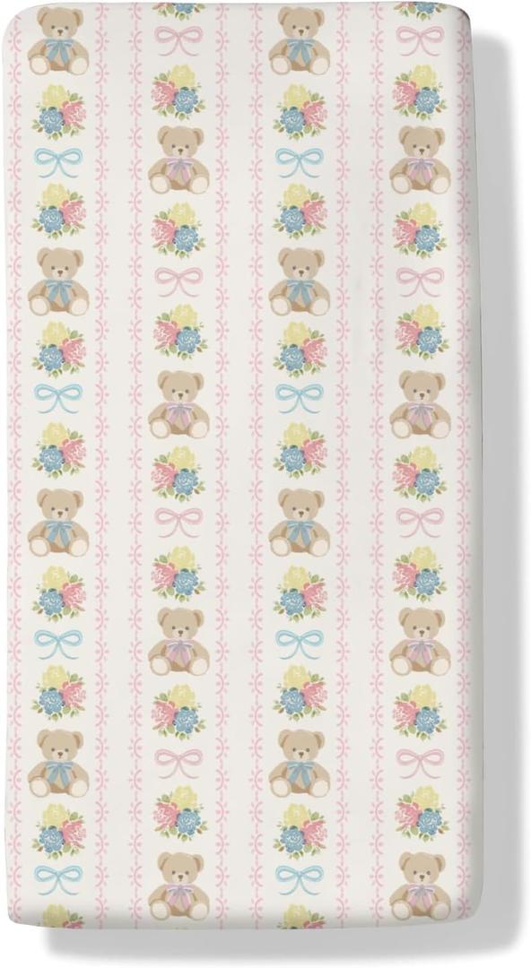 Cute Bears Boho Flowers Baby Boys Girls Crib Sheets Pastel Bear Pink Blue Bows Striped Soft Baby Sheets Watercolor Animals Fitted Crib Mattress Cover for Standard Crib Mattress 52"x28" (One size)