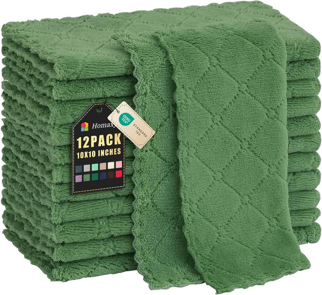 Homaxy 12 Pack Kitchen Dishcloths (10 x 10 Inches, Grass Green), Super Soft and Absorbent Coral Velvet Dish Towels, Nonstick Oil Fast Drying Microfiber Cleaning Cloth, No Lint Household Dishcloths