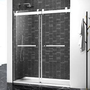 Shower Door,56-60" W x 76" H Frameless Shower Door, Double Sliding Glass with 3/8" (10mm) Clear SGCC Tempered, Roller Disc System, 304 Stainless Steel. (Brushed Nickel, 56-60" Wx76 H Double Sliding)