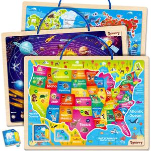 SYNARRY Large USA World Solar System Wooden Magnetic Puzzles for Kids Ages 4-6, Wood Puzzles Educational Games Toys Gifts for Toddlers, United States World Planet Space Map for Boys Girls Ages 3-5 4-8