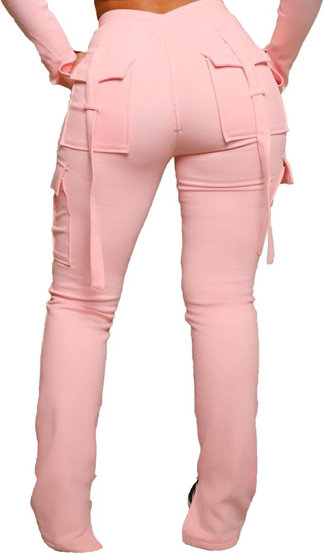 DINGANG Women'sDrawstring CargoSweatpants with Pockets, Stretchy Casual Joggers Lounge Leggings (Pink, XL)