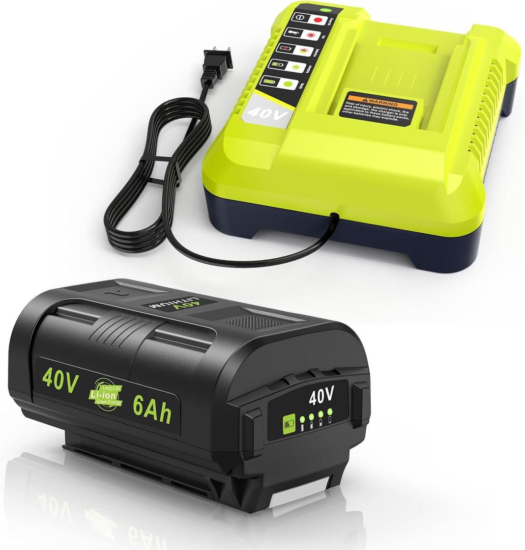 Compatible for Ryobi 40v Battery 6.0Ah OP4060 OP401 Charger Combo High Capacity Strong Power for Ryobi 40v Battery and Charger Lawn Mowers Leaf Blowers Edgers for OP4015 OP4040 OP4026A OP40201 OP4050A