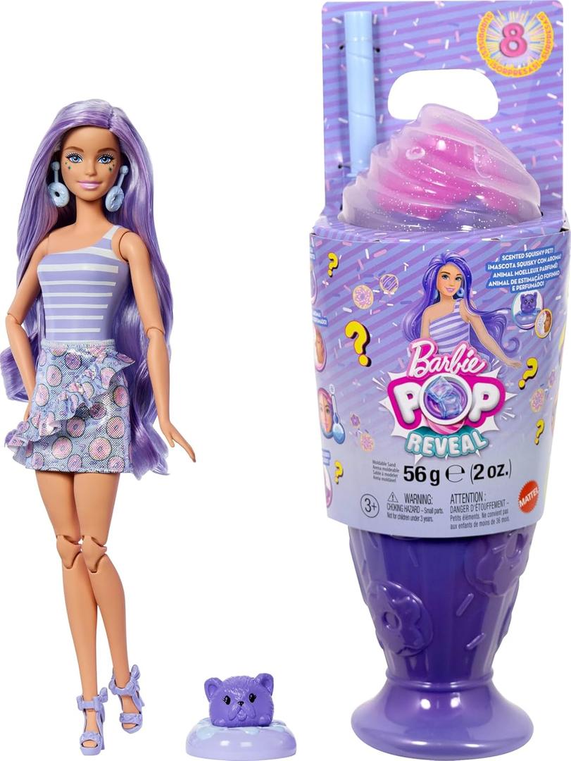 Barbie Pop Reveal Series Fashion Doll & Accessories Set, Treat Series, Donut Dreams Theme with Pet, 8 Surprises Include Color Change