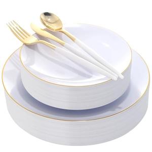 DaYammi 30 Guests Gold Plastic Plates with Disposable Silverware,Gold Cutlery with White Handle,White Disposable Dinnerware:60 Dinner/Dessert Plates,90 Plastic Silverware Set,Gold Plate for Party