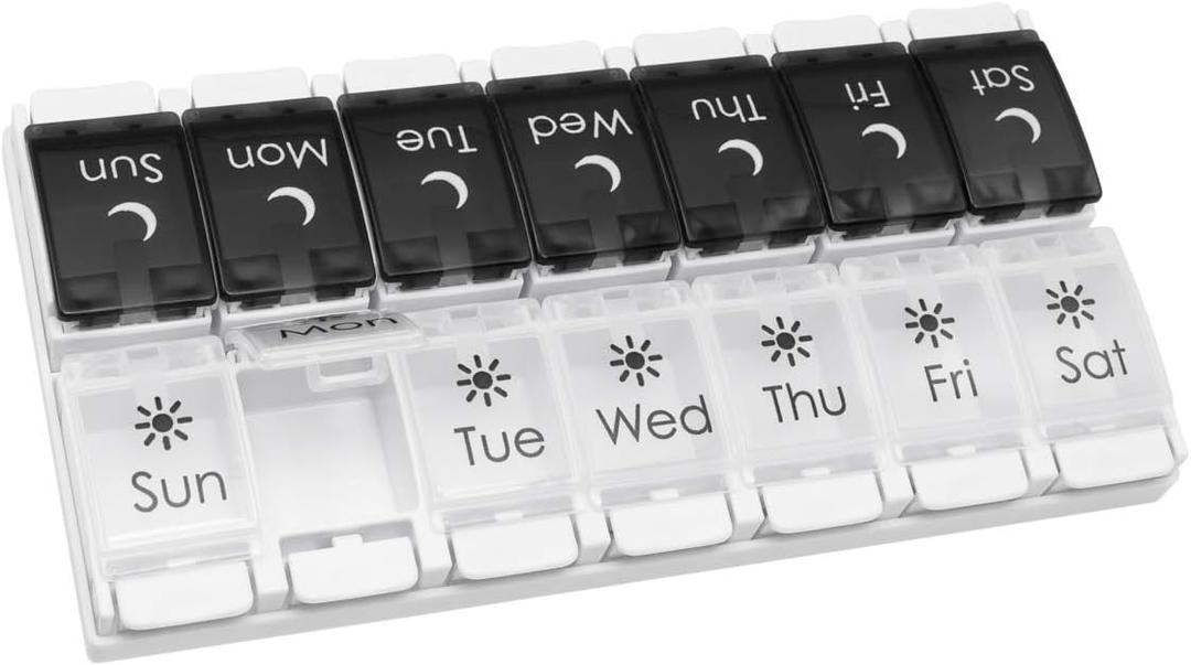 EZY DOSE Push Button (7-Day) Pill Case, Medicine Planner, Vitamin Organizer, 2 Times a Day AM/PM, Removable Trays, Large Compartments, Arthritis Friendly, Spring Open Black and White Lids, BPA Free