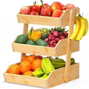 Gmtsl Bamboo Fruit Basket for Kitchen – 3 Tier Fruit Bowl For Kitchen Counter, Large Fruit Holder With 2 Banana Hangers, Idea For Fruit and Vegetable Storage, Bread Basket, Snack Organizer(Bamboo)