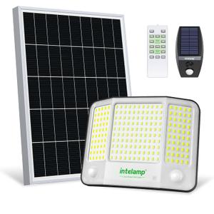 intelamp Solar Flood Lights Outdoor Waterproof, 20000mAh 4000LM Linkable Dual Motion Sensor Security Floodlight Exterior with Remote 16.4 FT Cable, 2-12H Dusk to Dawn Spots Lighting Outside