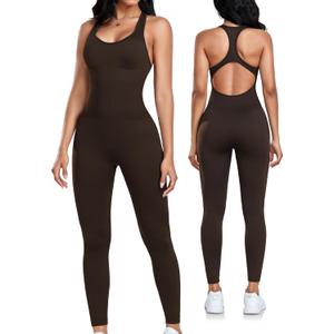 OLCHEE Womens Workout Jumpsuits Seamless Yoga Gym Bodycon Rompers Sexy Racerback Tummy Control Padded Bra Unitard (Medium, Seal Brown)