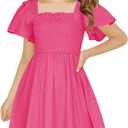 Haloumoning Girls Ruffle Short Sleeve Smocked Summer Dress Kids Square Neck A Line Flowy Mini Dresses 9-10 Years (Pink)
