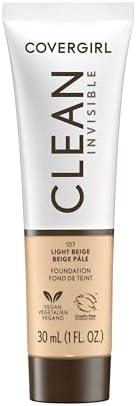 COVERGIRL Clean Invisible Foundation Makeup, Dewy & Glowy Natural Finish, Buildable Coverage, Skin-Like Smooth Look, Vegan, Light Beige, 1oz