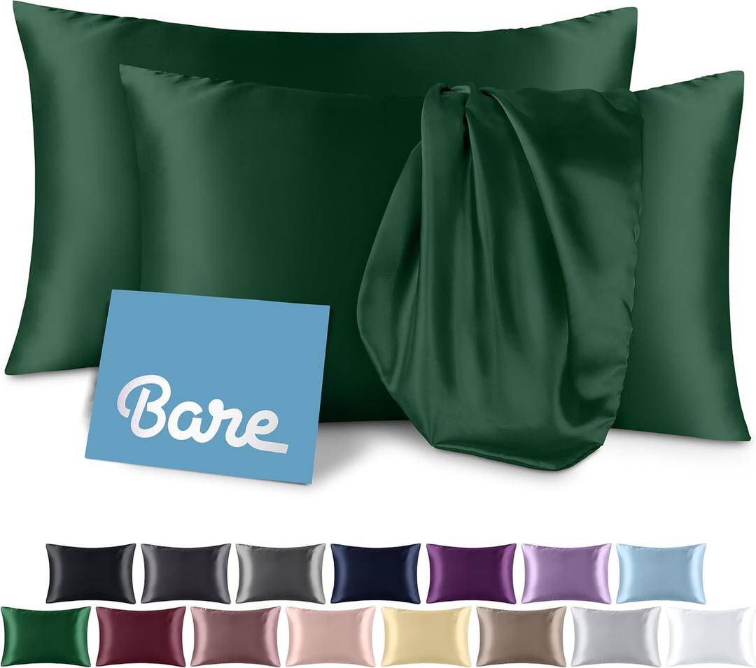 Bare Home Satin Pillowcases for Hair and Skin - 2 Pack Queen (20x30) - Luxury Pillowcases - Envelope Enclosure - Soft and Smooth Satin - Breathable - Similar to Silk (Forest Green, 2 Pack)