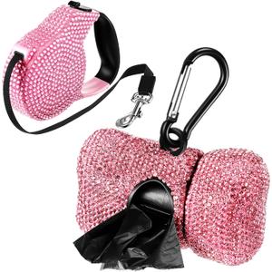 LEIFIDE 2 Pack Rhinestone Retractable Dog Leash and Bag Holder Set Pink Bling Bone Shaped Pet Waste Bags Dispenser with Metal Clip Heavy Duty Dog Leash for Most Puppy