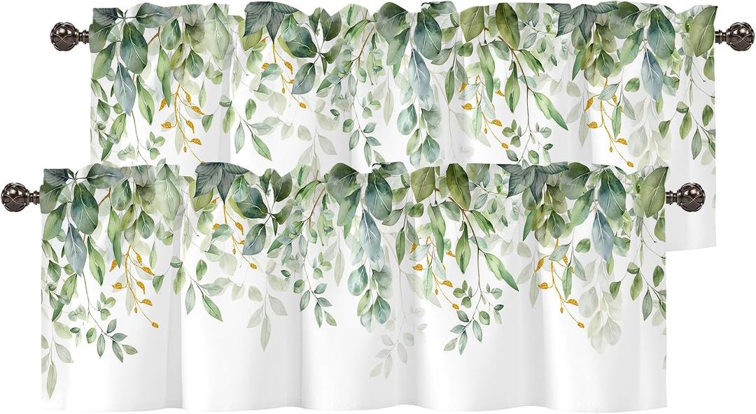 Green Eucalyptus Leaves Valance for Windows,Window Treatment Curtains Rod Pocket Sheer Small Short Valance for Kitchen Bathroom Laundry Basement,2 Panels,42Wx12L inch,Boho Watercolor