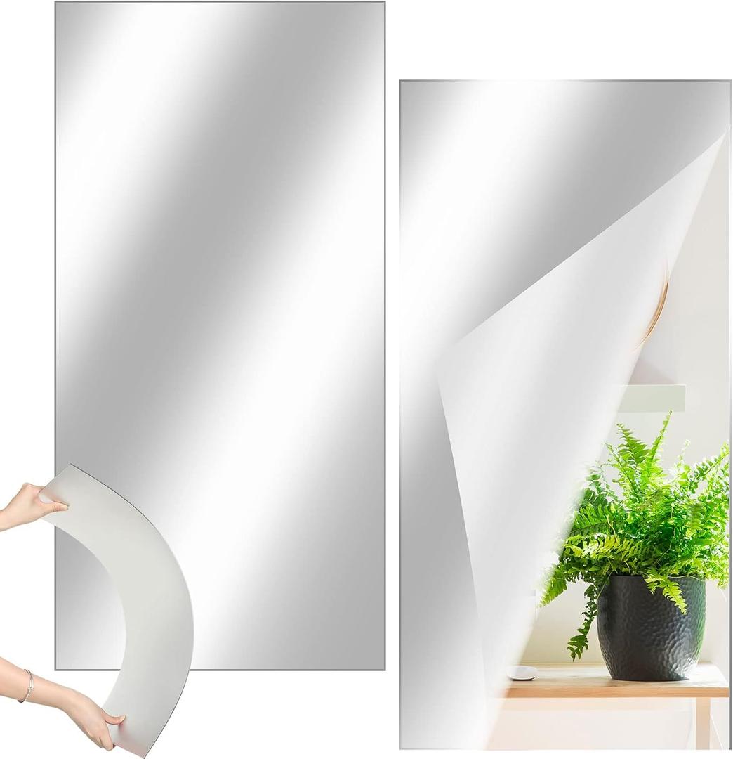 Queekay 2 Pcs Home Gym Mirrors 12" x 24" Acrylic Wall Mirror Tiles 2mm Thick Self Adhesive Mirror Sheets Frameless Wall Mounted Mirror Stickers Decor for Workout Bedroom Ceiling
