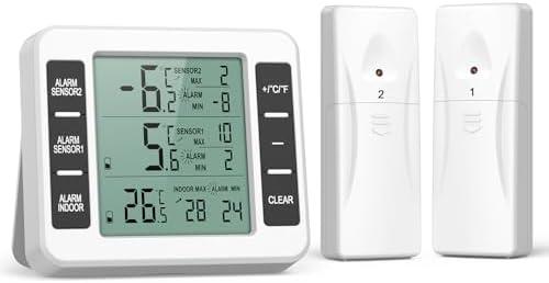 ORIA Refrigerator Thermometer, Wireless Digital Freezer Thermometer with 2 Sensors, Indoor Outdoor Thermometer, Audible Alarm, Min and Max Display, LCD Display for Home, Restaurants